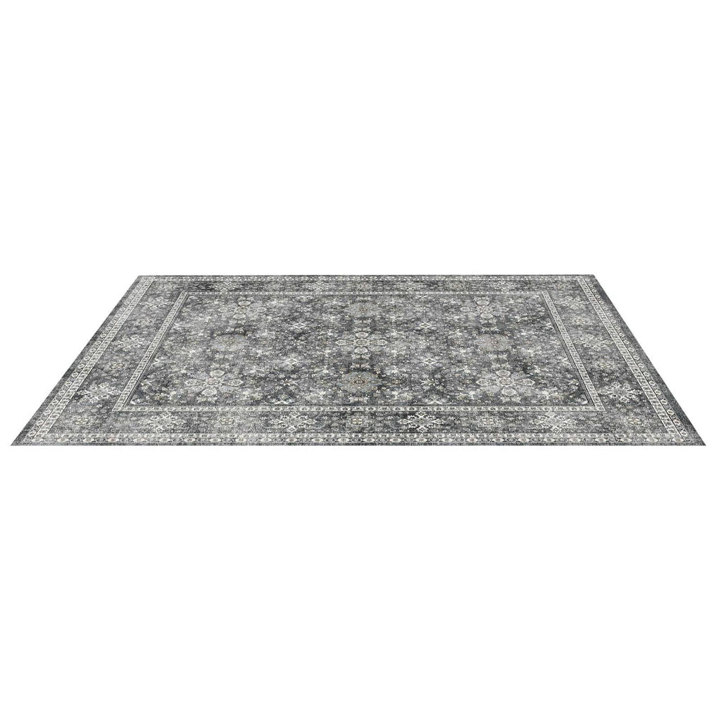 Gray vintage floral area rug with ornate border, flat view of the full 8x10 design.