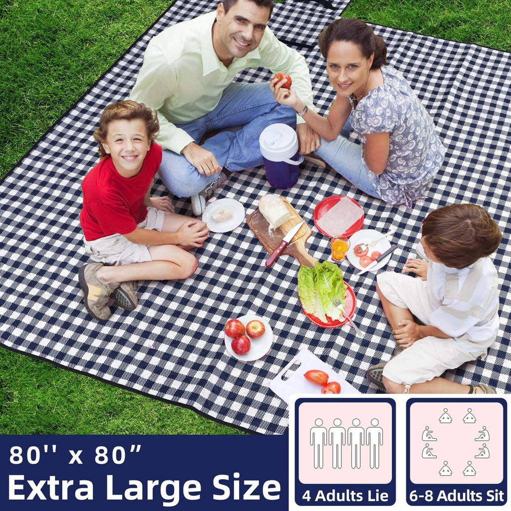Blue and white checkered picnic blanket spread flat on a square surface
