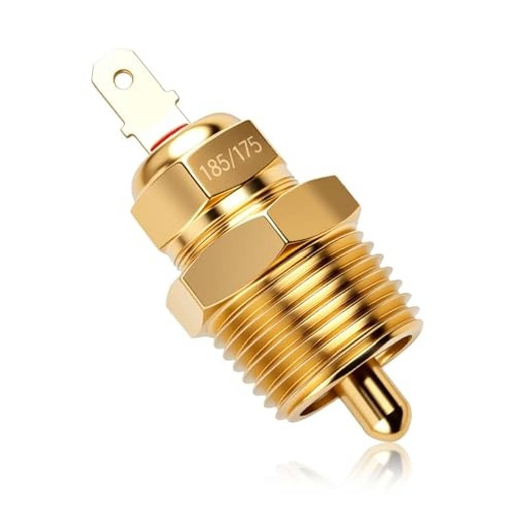 Gold-colored radiator fan switch thermostat with threaded tip and split mounting terminal