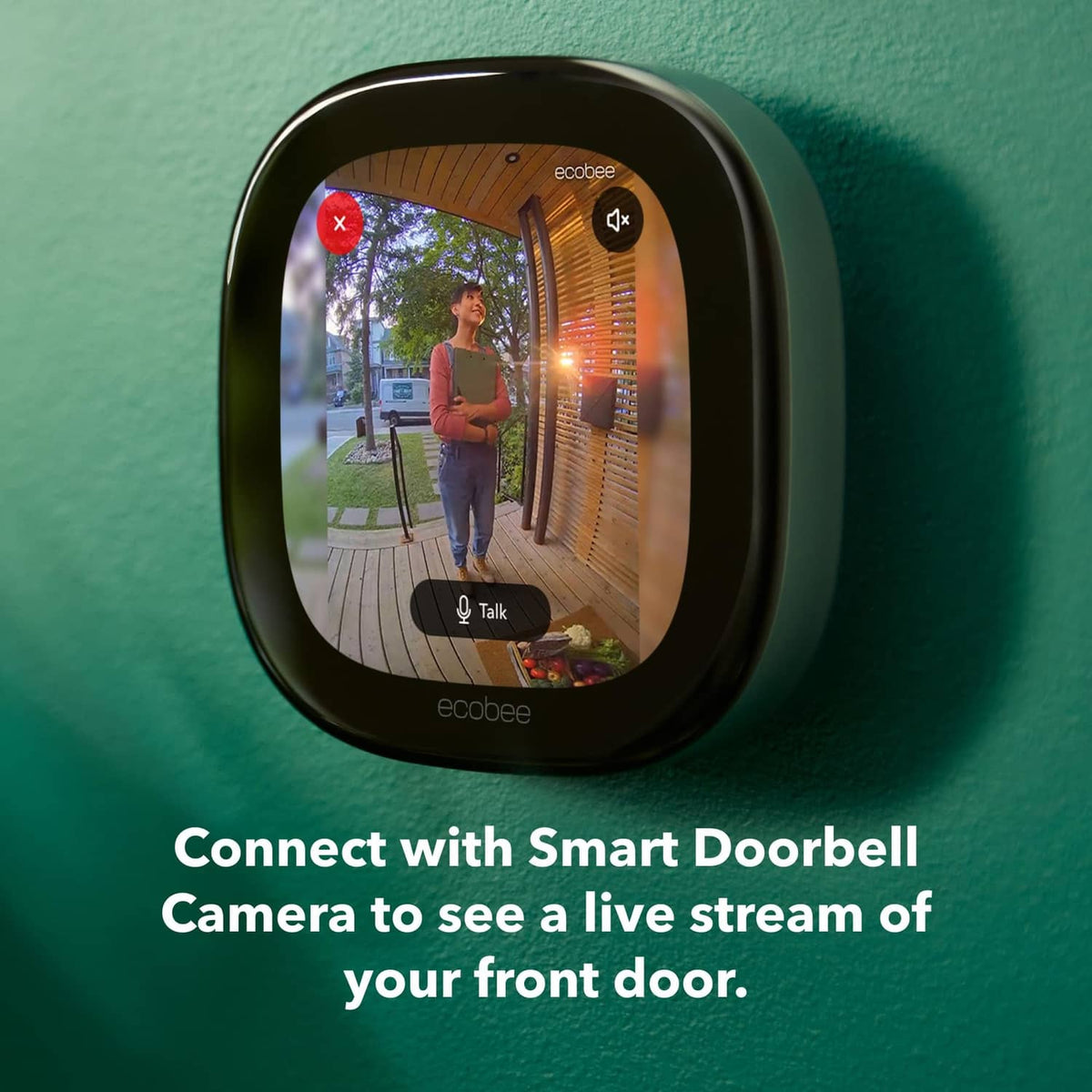 ecobee smart doorbell camera on dark device with live video window