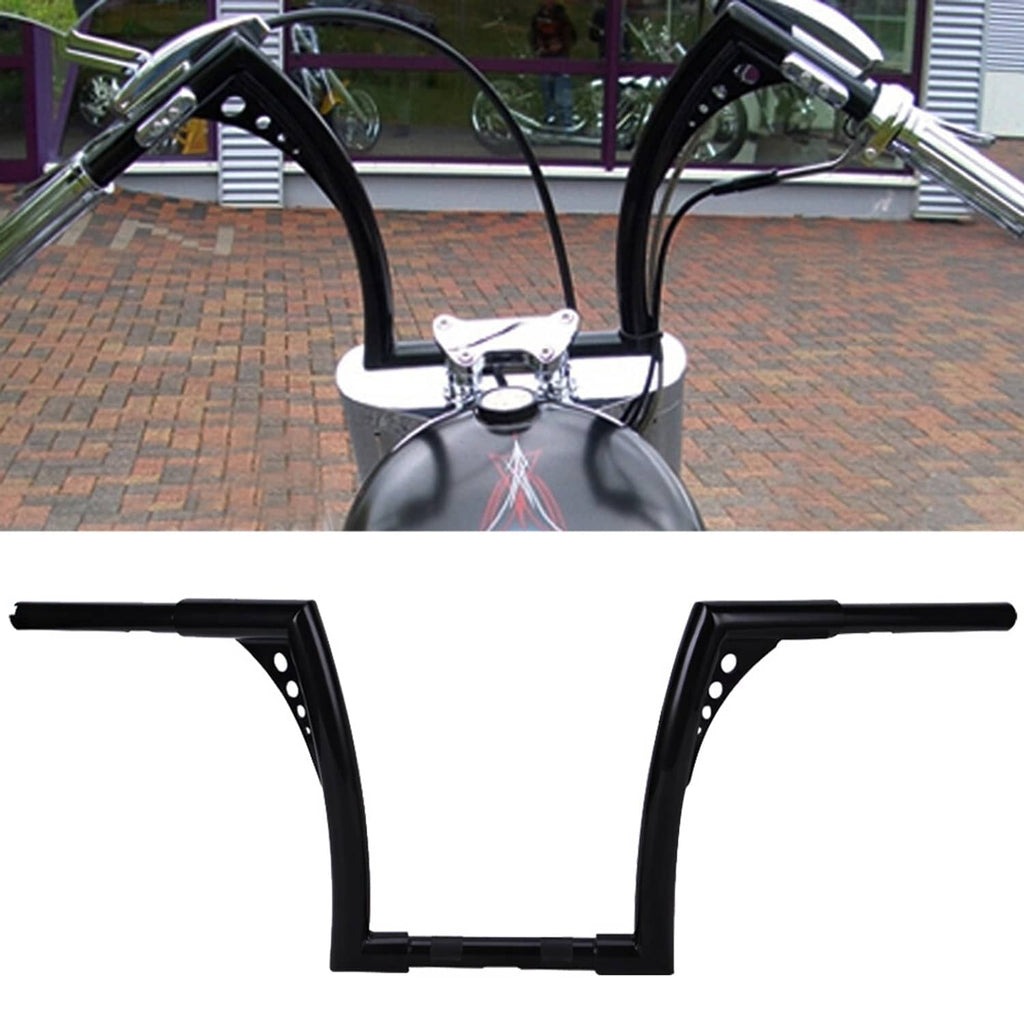 Black 12-inch rise motorcycle handlebars installed, front view with riser brackets