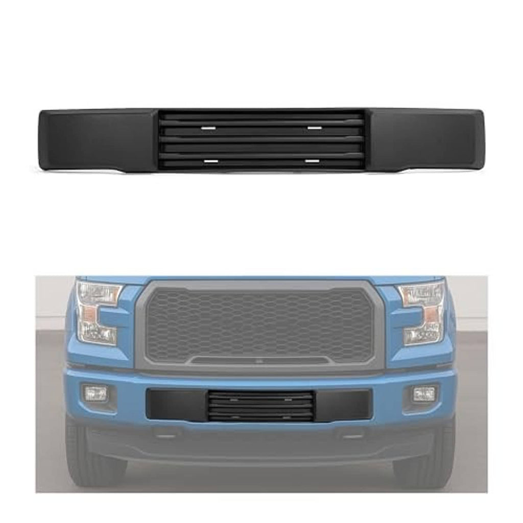 Black front grille insert with horizontal slats, installed on blue pickup front