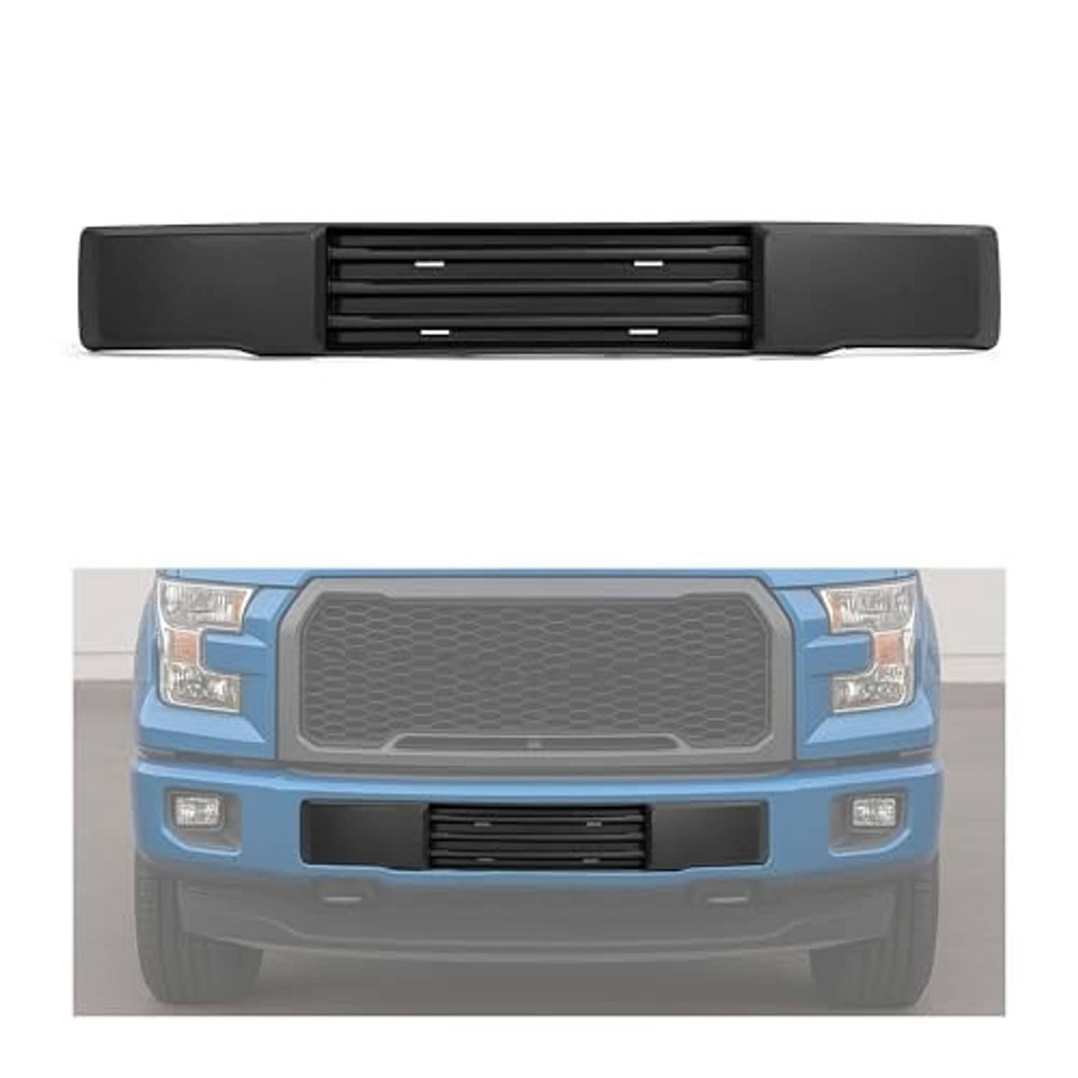 Black front grille insert with horizontal slats, installed on blue pickup front