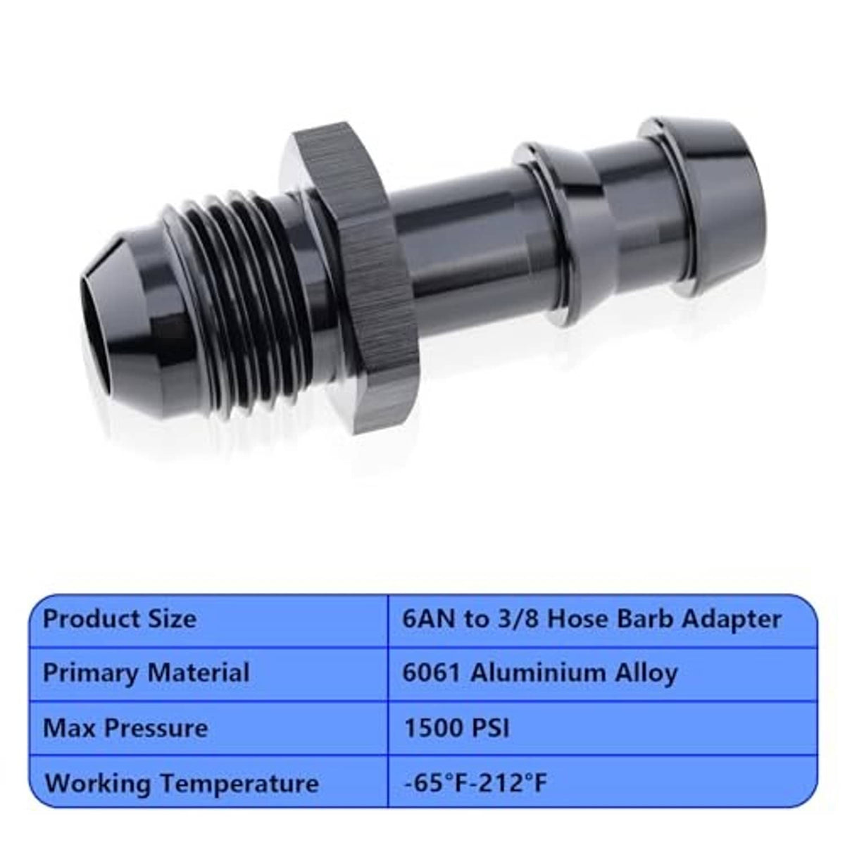 Machined aluminum 6AN male to 3/8 hose barb adapter with two ports