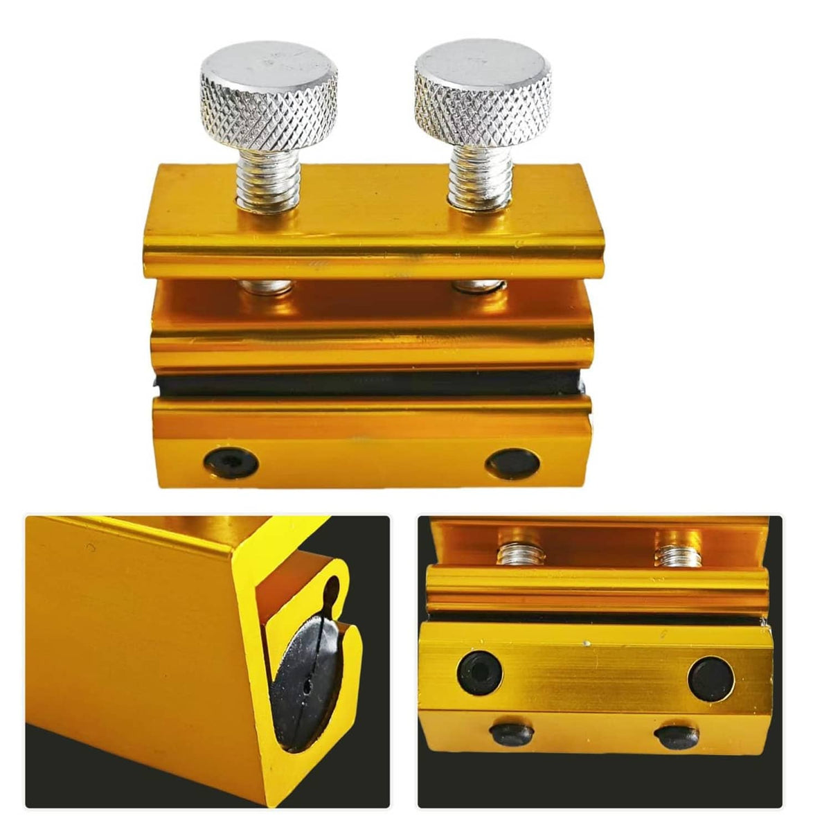 Gold metal cable tool with two knurled caps, screws, and visible mounting holes.