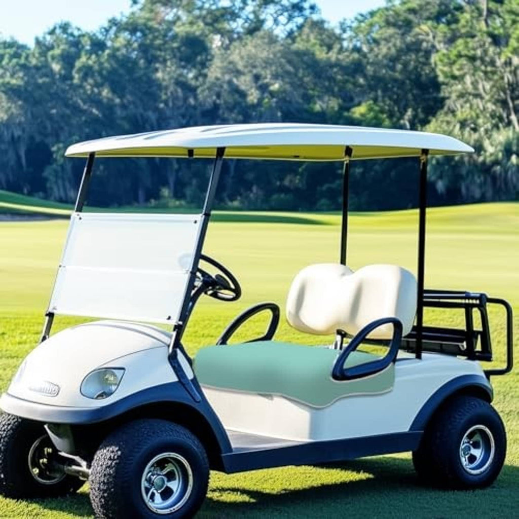 Mint seat cover blanket on golf cart passenger seat with white seating underneath