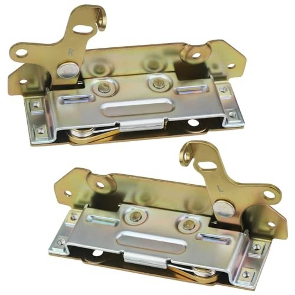 Gold and silver door latch lock with handle lever and striker, side mounting plates