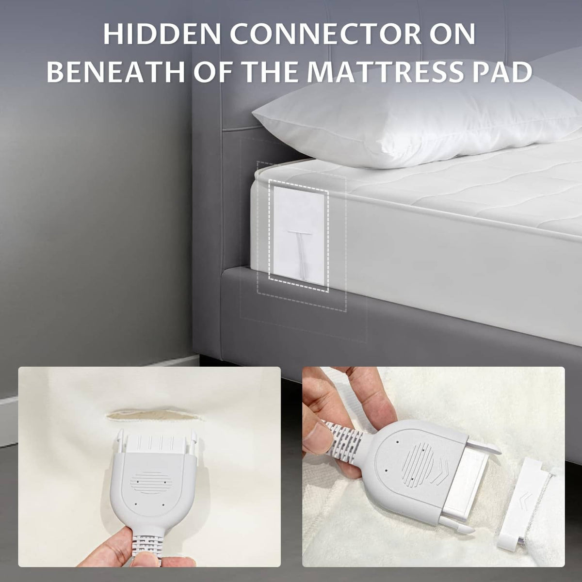 White heated mattress pad with hidden connector on the underside beneath the mattress