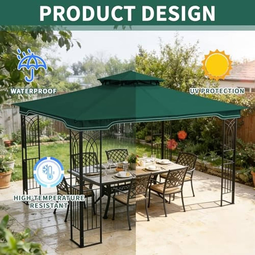 Forest green gazebo canopy design with waterproof, UV protection, and heat-resistant panels