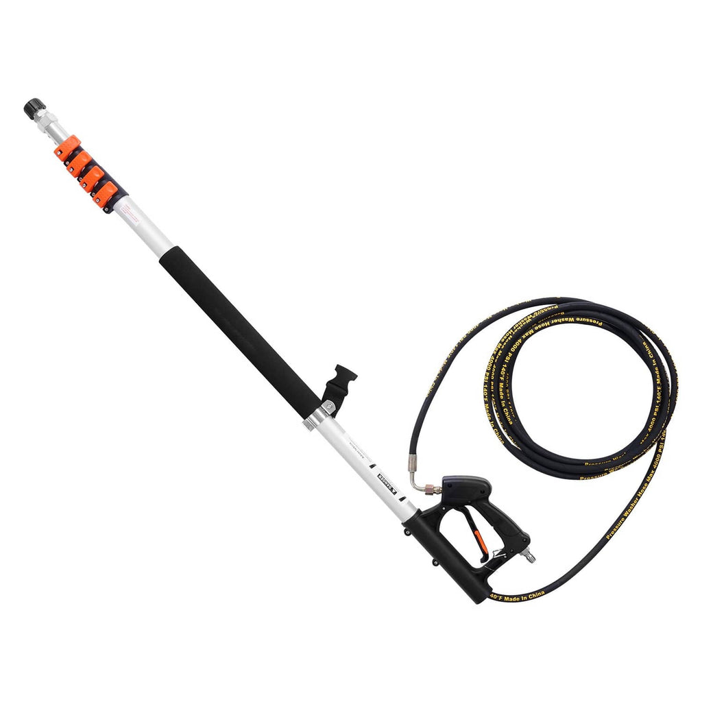 Telescoping pressure washer wand with spray gun and coiled high-pressure hose