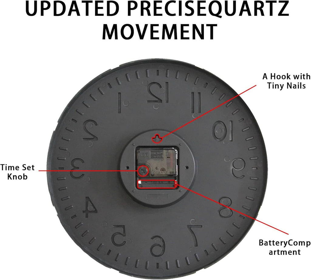 Back view of round wall clock showing battery compartment and mounting hook.