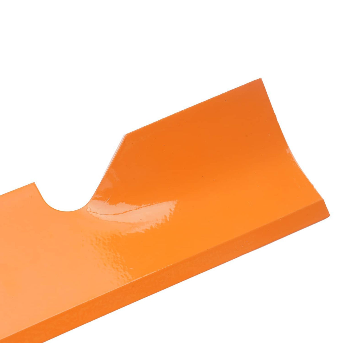Orange deck blade corner with raised edge details and rounded cutout section
