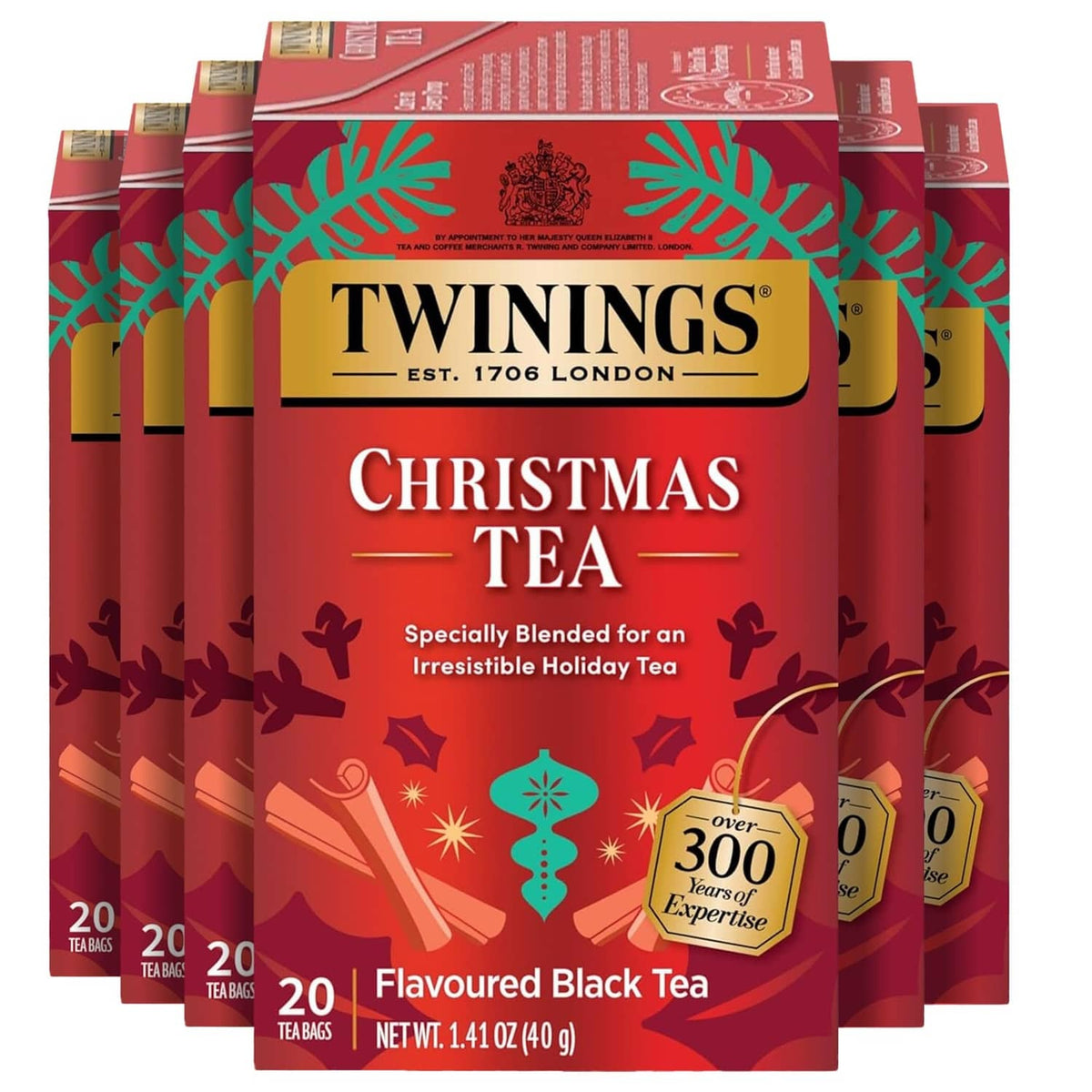 Twinings Christmas Tea red flavoured black tea cartons, 20 tea bags each, multi-pack.