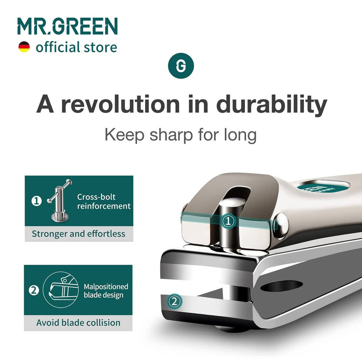 Durable nail clipper with reinforced cross-bolt design and angled blade housing