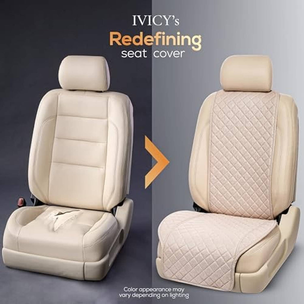 Beige quilted faux linen seat cover, full seat back and cushion with neat stitching