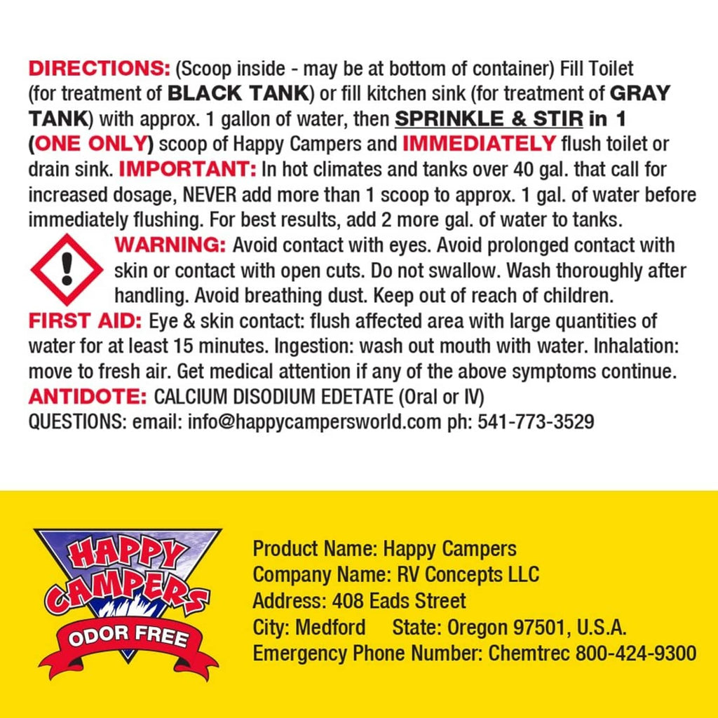 White bucket with Happy Campers Odor Free holding tank treatment directions and warnings