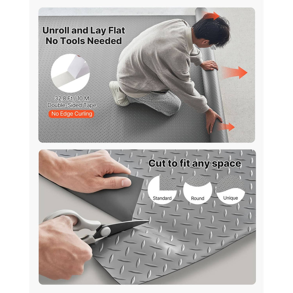 Silver gray PVC garage floor mat that unrolls flat and cuts to fit