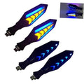 Motorcycle LED turn signal lights, black arrow housings with blue and yellow arrow LEDs