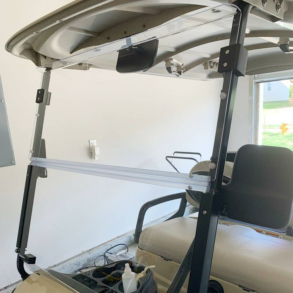 Front interior view showing clear windscreen panel and mounting posts on a golf cart
