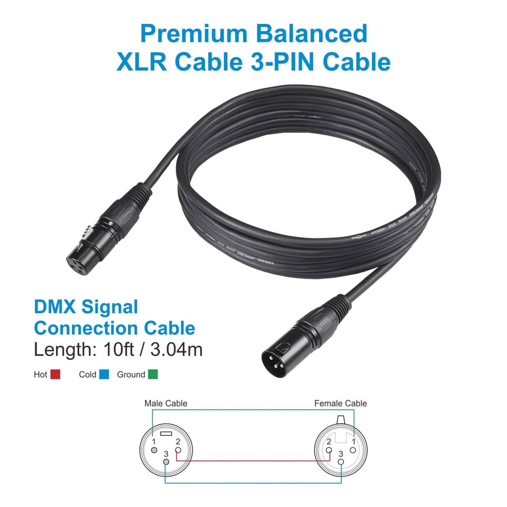 10ft/3.04 m 3-pin DMX cable with balanced XLR connectors, black cable coil