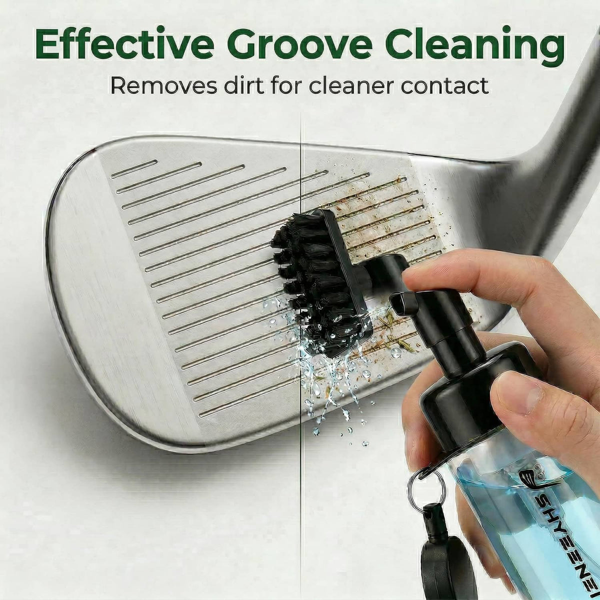 Golf club cleaning brush attachment with pressurized spray bottle and clear water reservoir