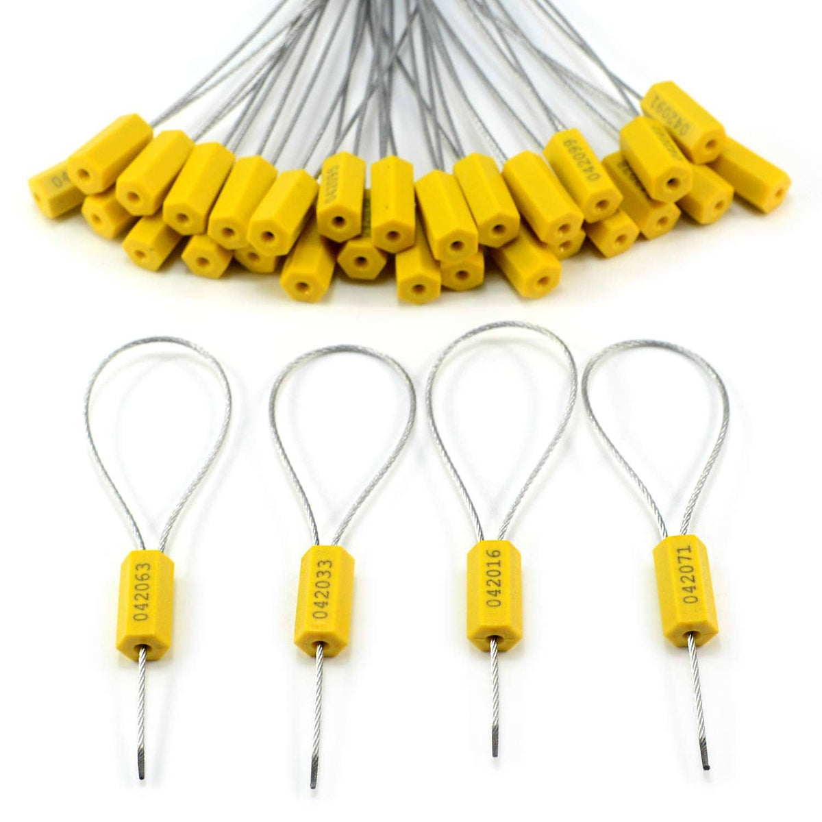 Set of yellow cable seals with steel wire tails and numbered labels