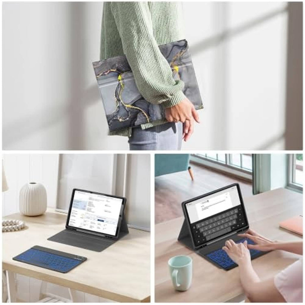 Black marble folio keyboard case with fold stand, shown in use