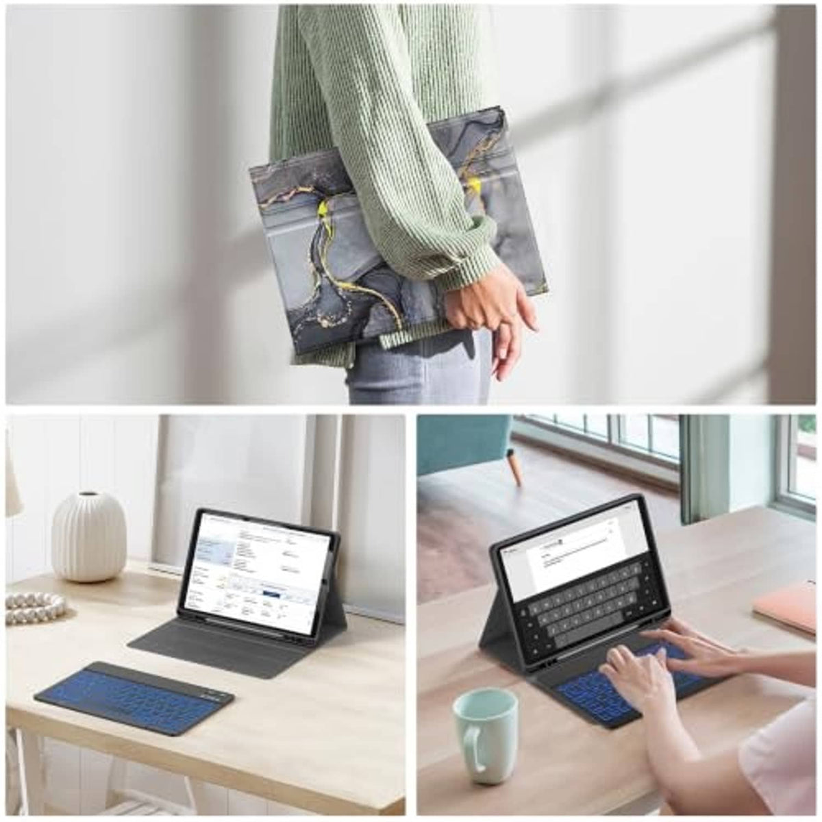 Black marble folio keyboard case with fold stand, shown in use