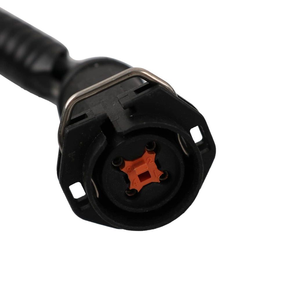 Wire harness connector plug with black housing and orange contact detail