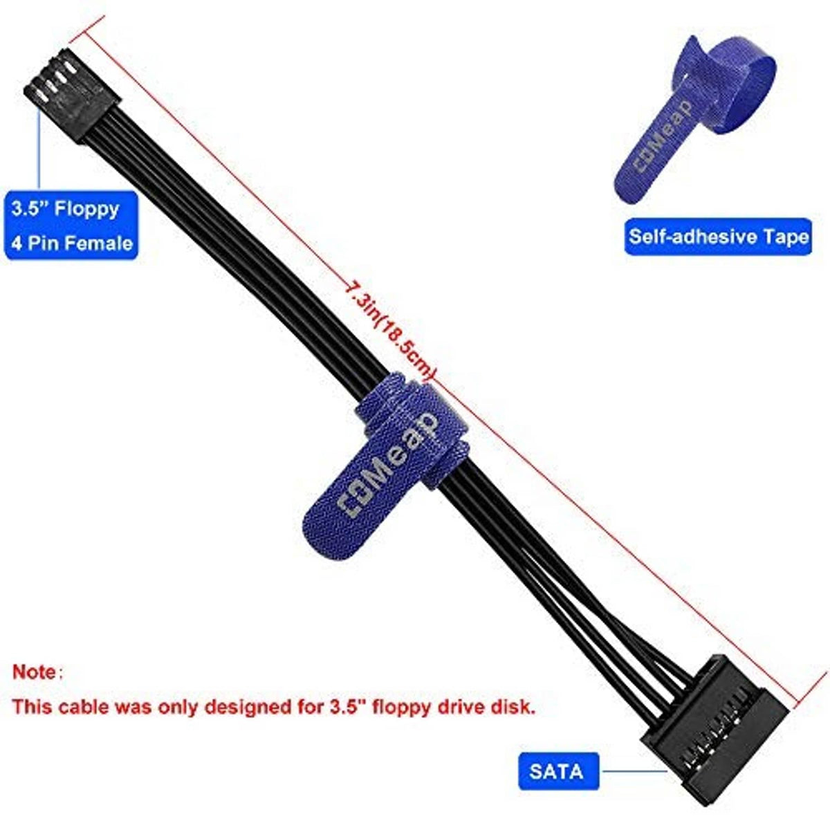 Black floppy-to-SATA adapter cable with self-adhesive tape label and length markings