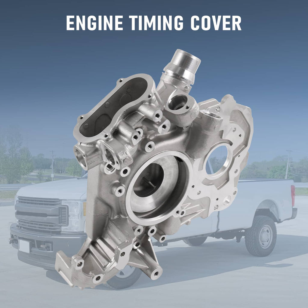 Engine timing cover, silver aluminum casting with circular bore and attached tube fitting