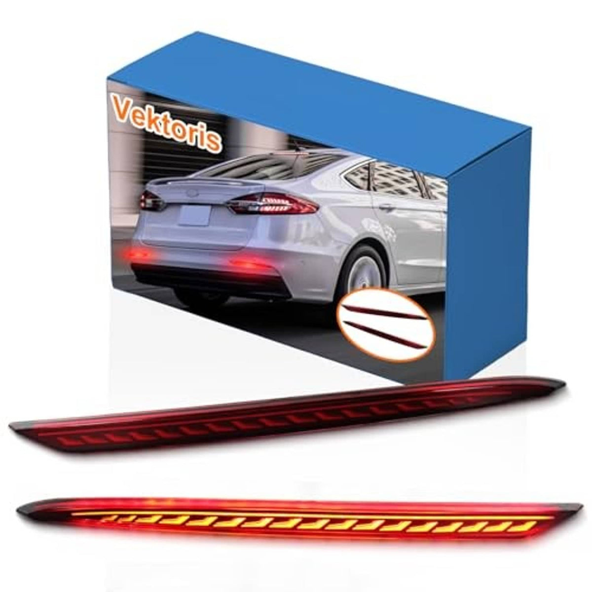 LED rear bumper reflector light bar set, red lens with glowing amber/yellow LED strip pattern