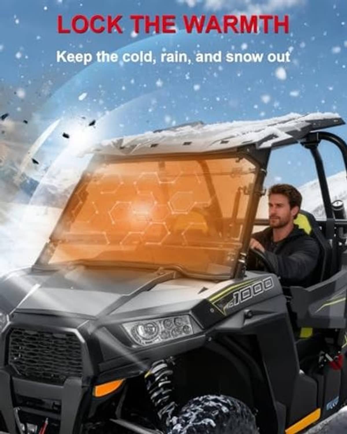 Flip-up UTV windshield with amber-tinted protective panel on dark frame