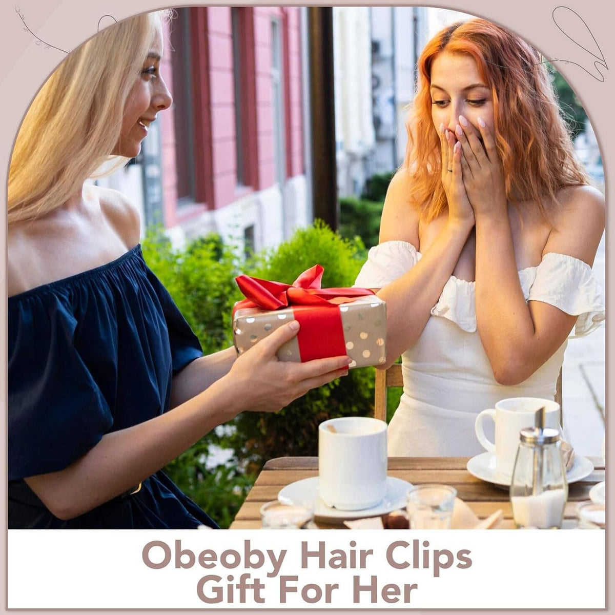 Hair clip holding hair back on a woman during a gift moment