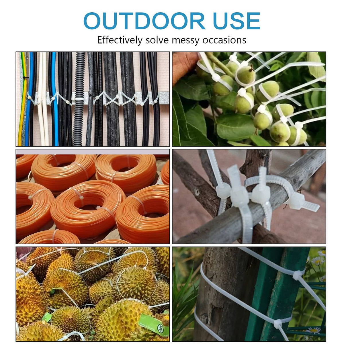 White zip ties securing outdoor items and cables