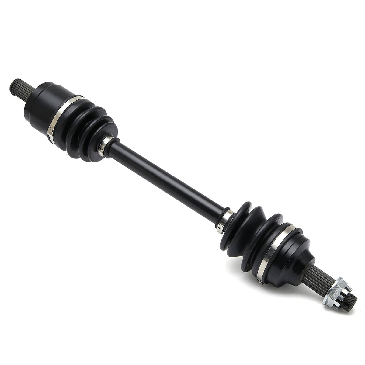 Angled view of a black CV axle drive shaft with rubber boots and splined end