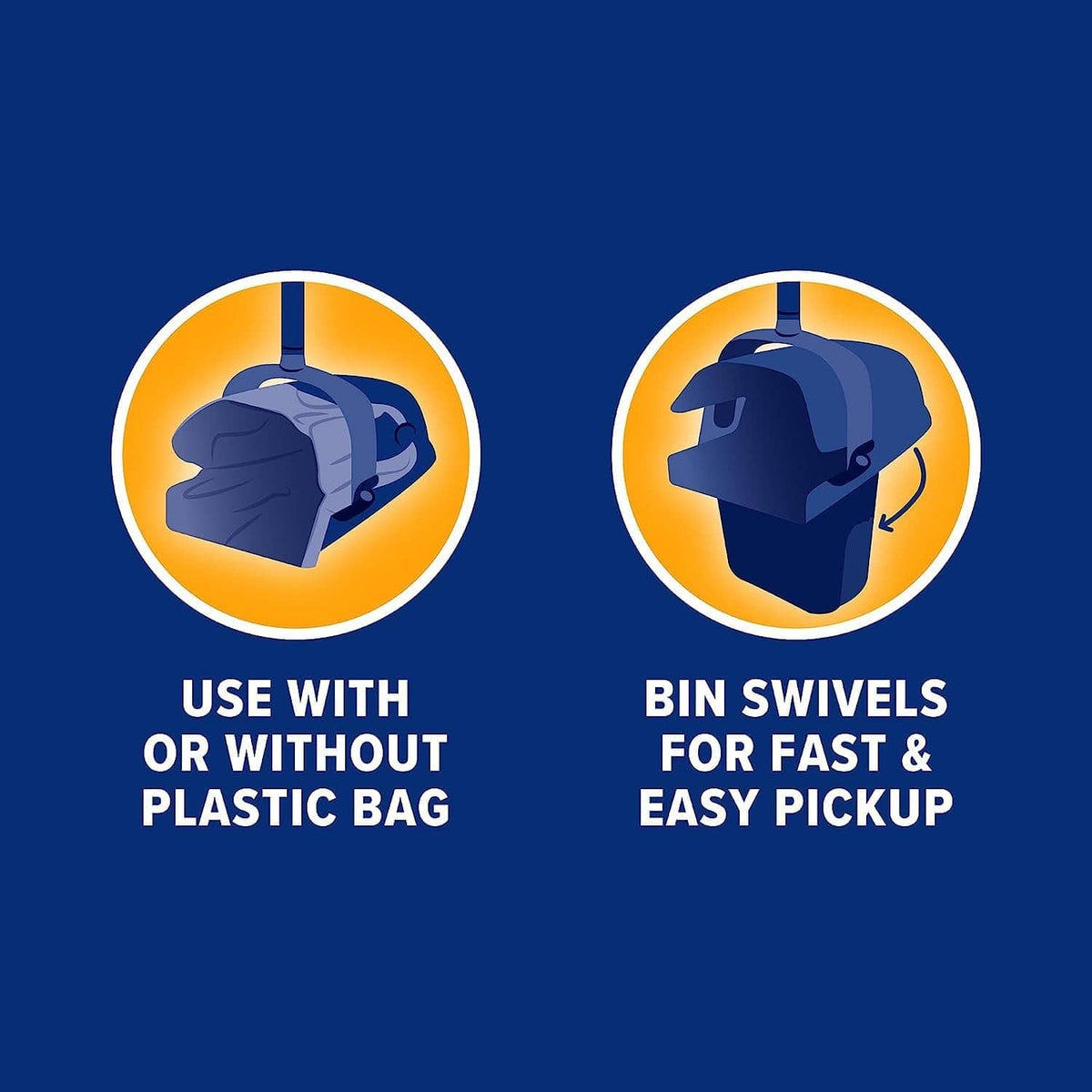 Dog waste pickup set with swivel bin and scoop, works with optional plastic bag