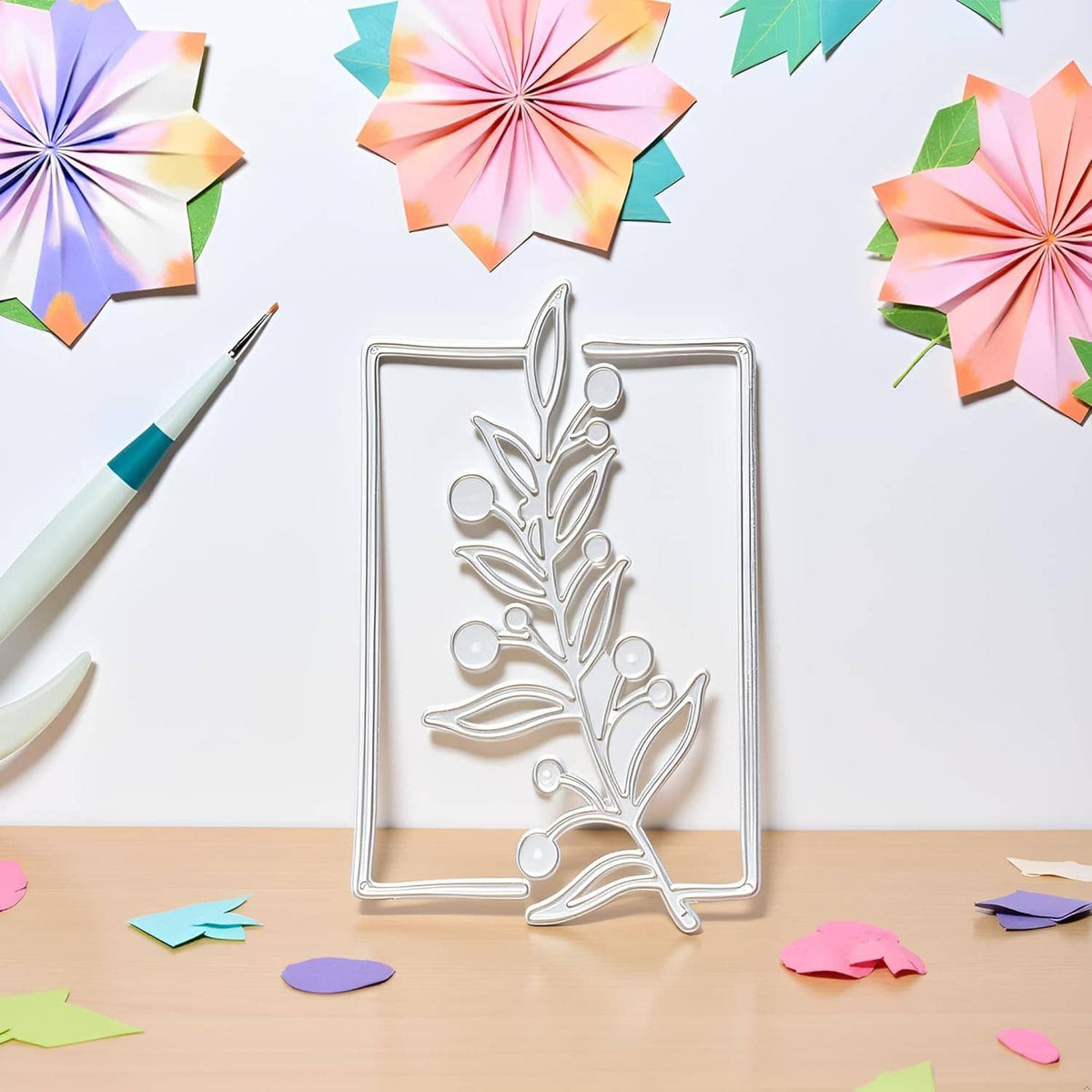 Floral tree branch metal cutting die on a rectangular backing card