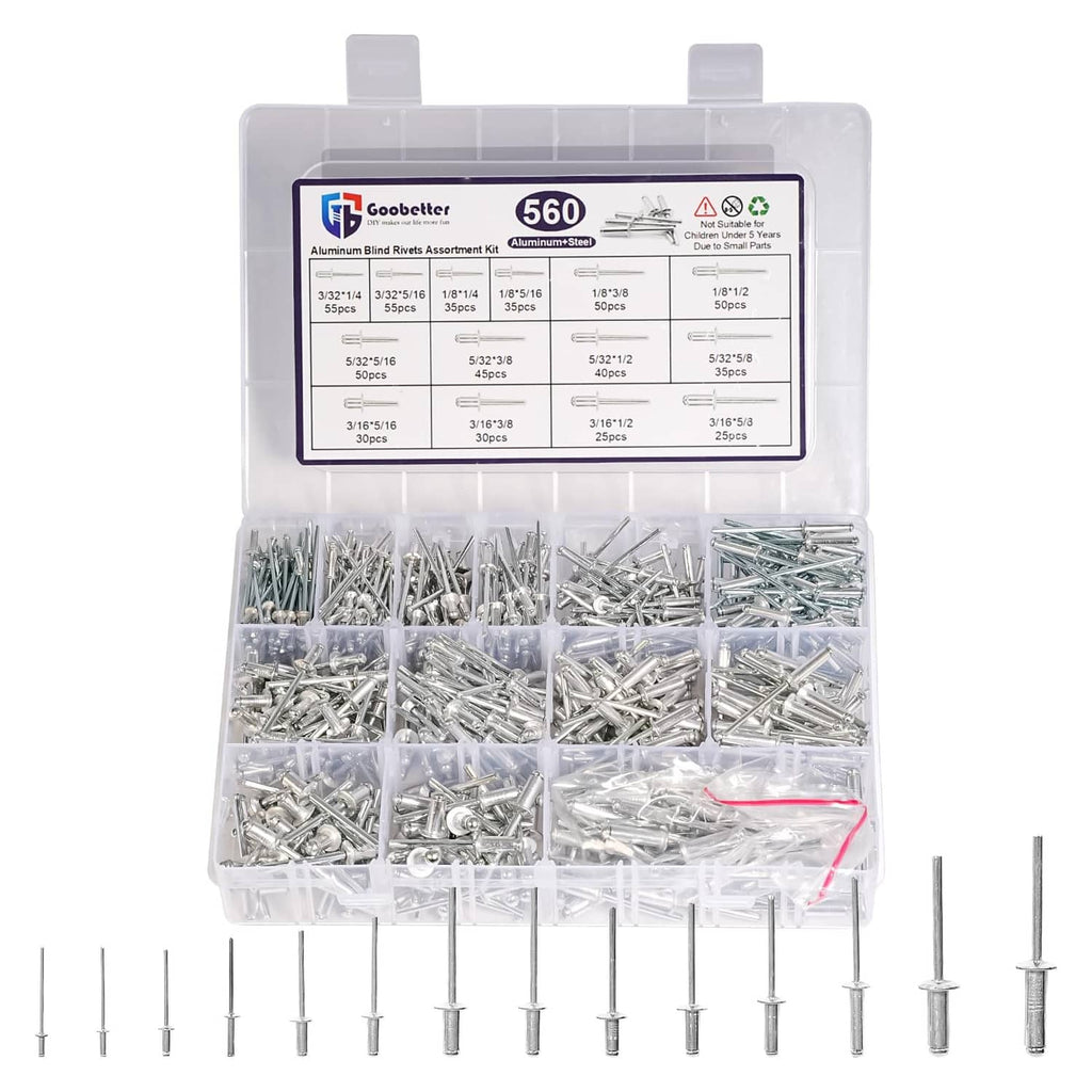 GOOBETTER 560-piece aluminum pop rivet kit with silver rivets and divided tray