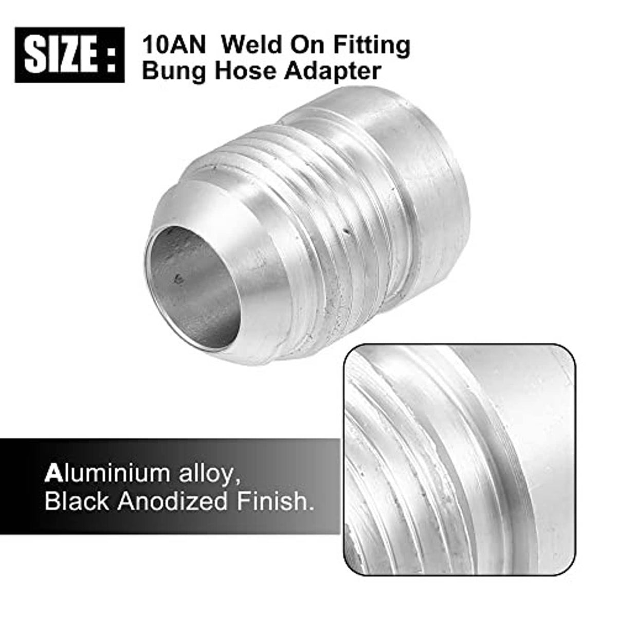 10AN weld-on bung hose adapter, aluminum, silver finish, threaded coupler end.
