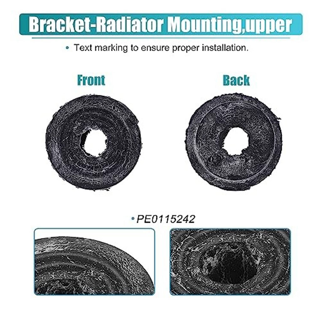 Two black rubber radiator mounting bushings with textured outer rings and center cutouts.