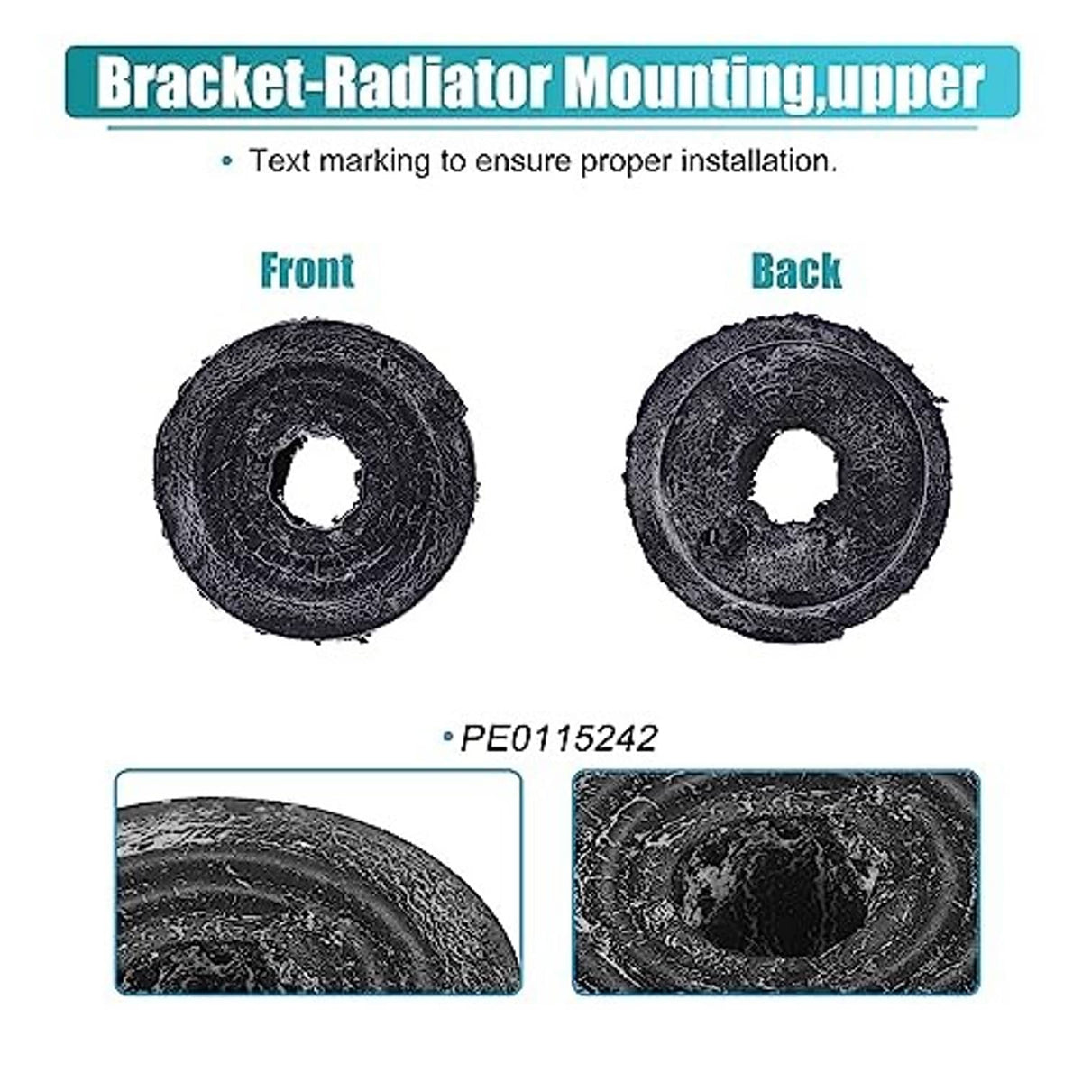 Two black rubber radiator mounting bushings with textured outer rings and center cutouts.