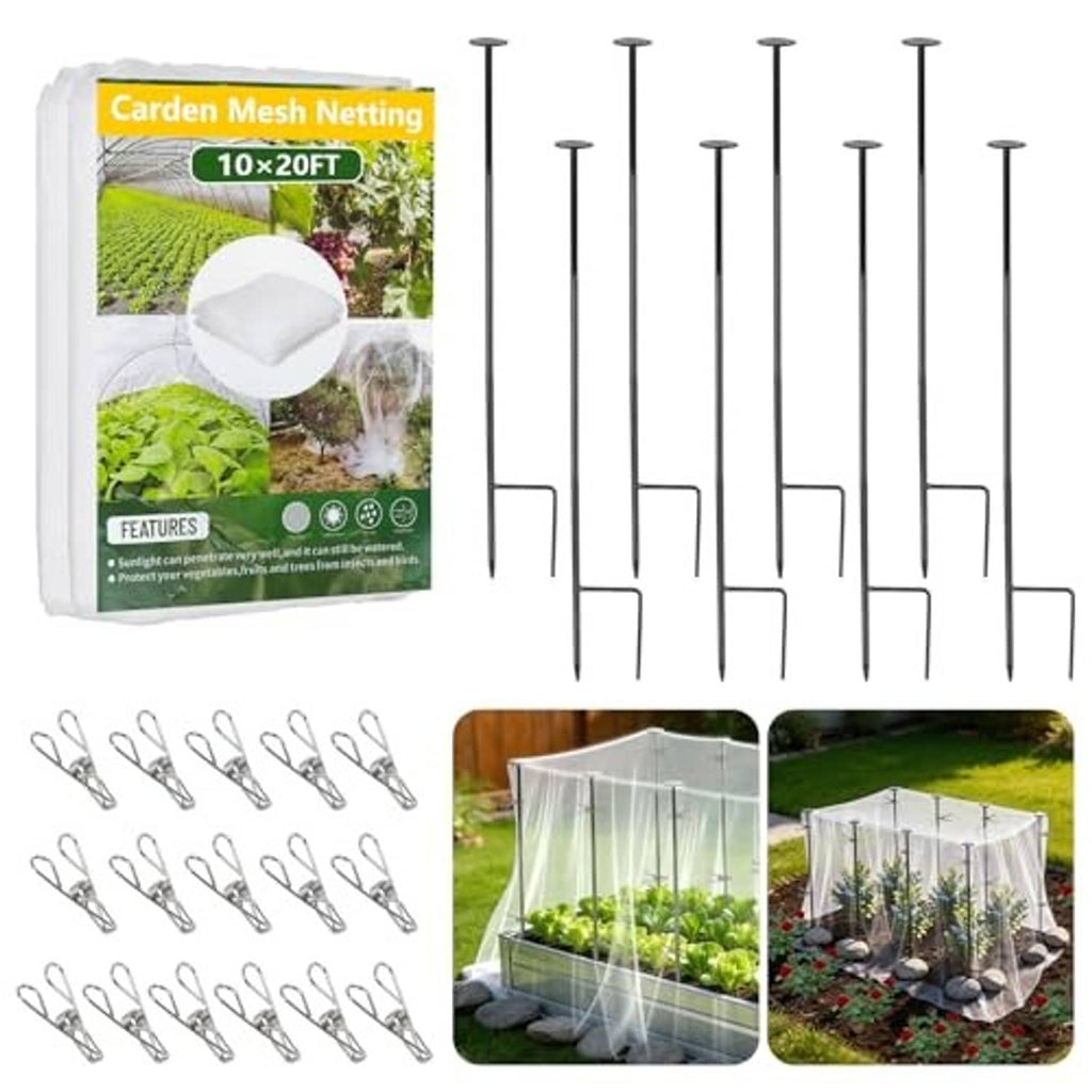 Metal raised bed pest netting kit with bundled steel stakes and mesh cover