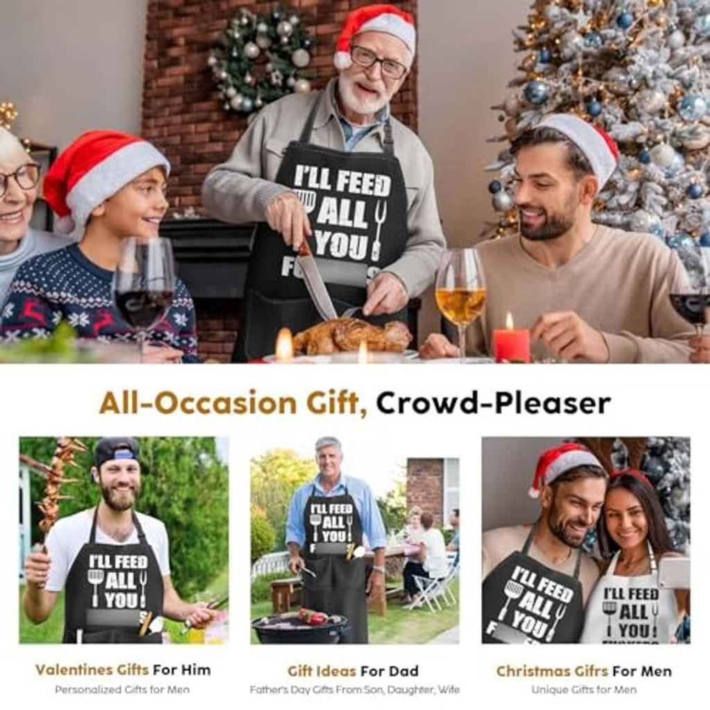 Family wearing black aprons with 'I'll feed all you' slogan at a holiday table