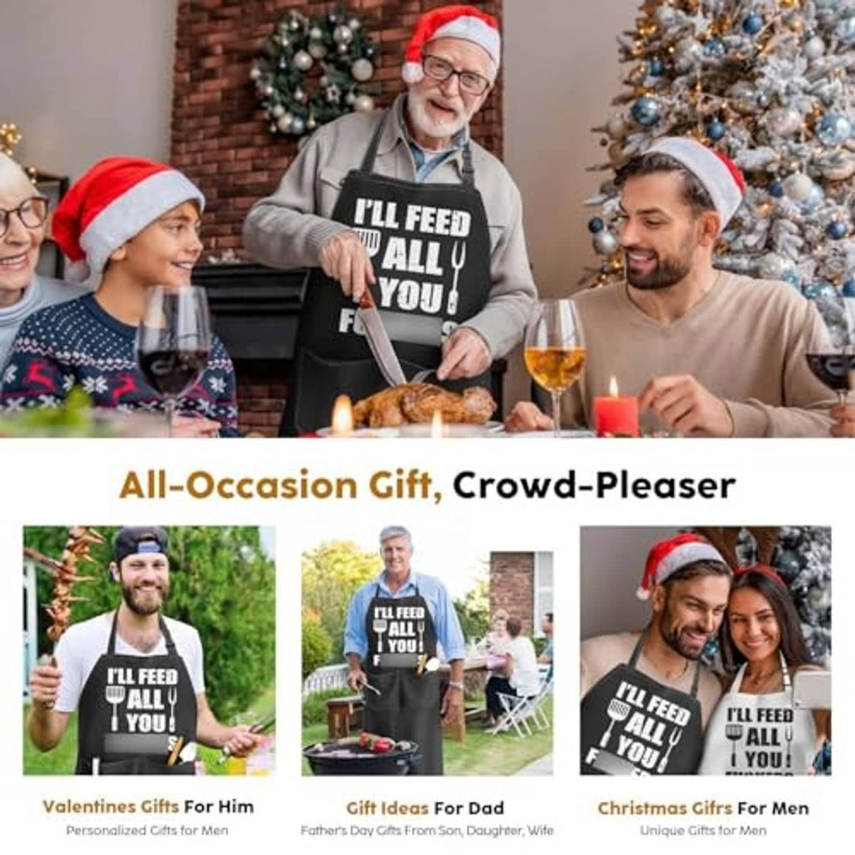 Family wearing black aprons with 'I'll feed all you' slogan at a holiday table