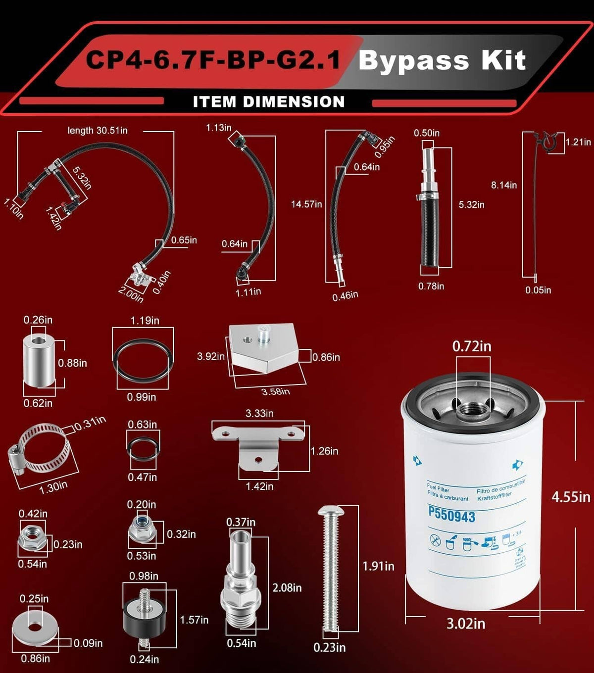 Bypass kit item dimension diagram with measurements of hoses, fittings, and canister