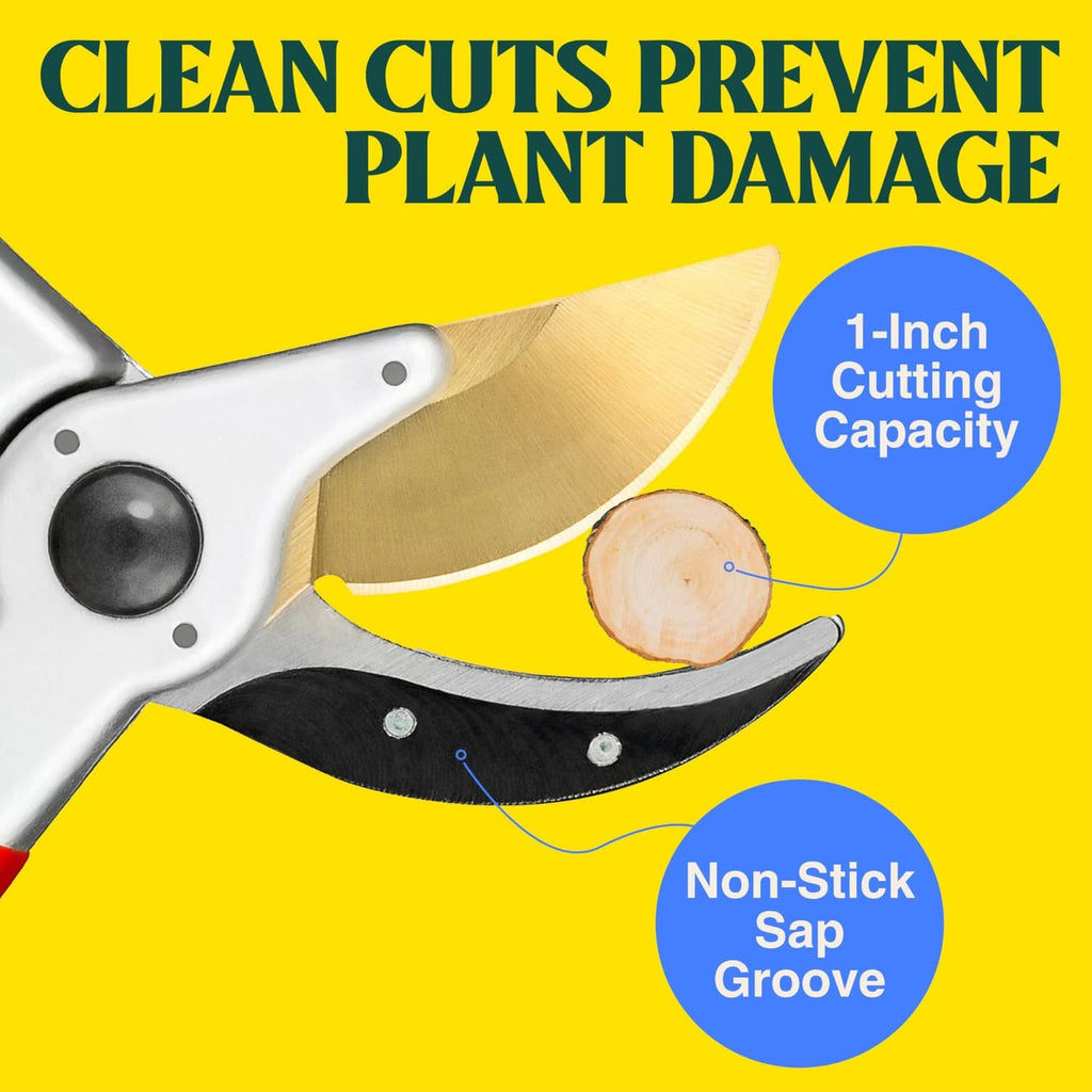 Hand pruner head with gold cutting blade and non-stick sap groove