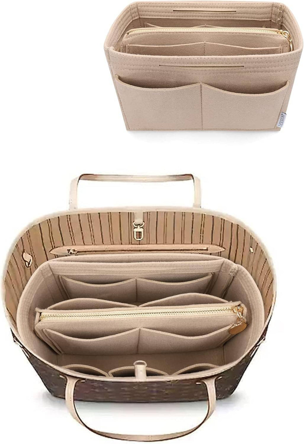 Beige felt purse organizer insert with zipper, open top and interior slip pockets