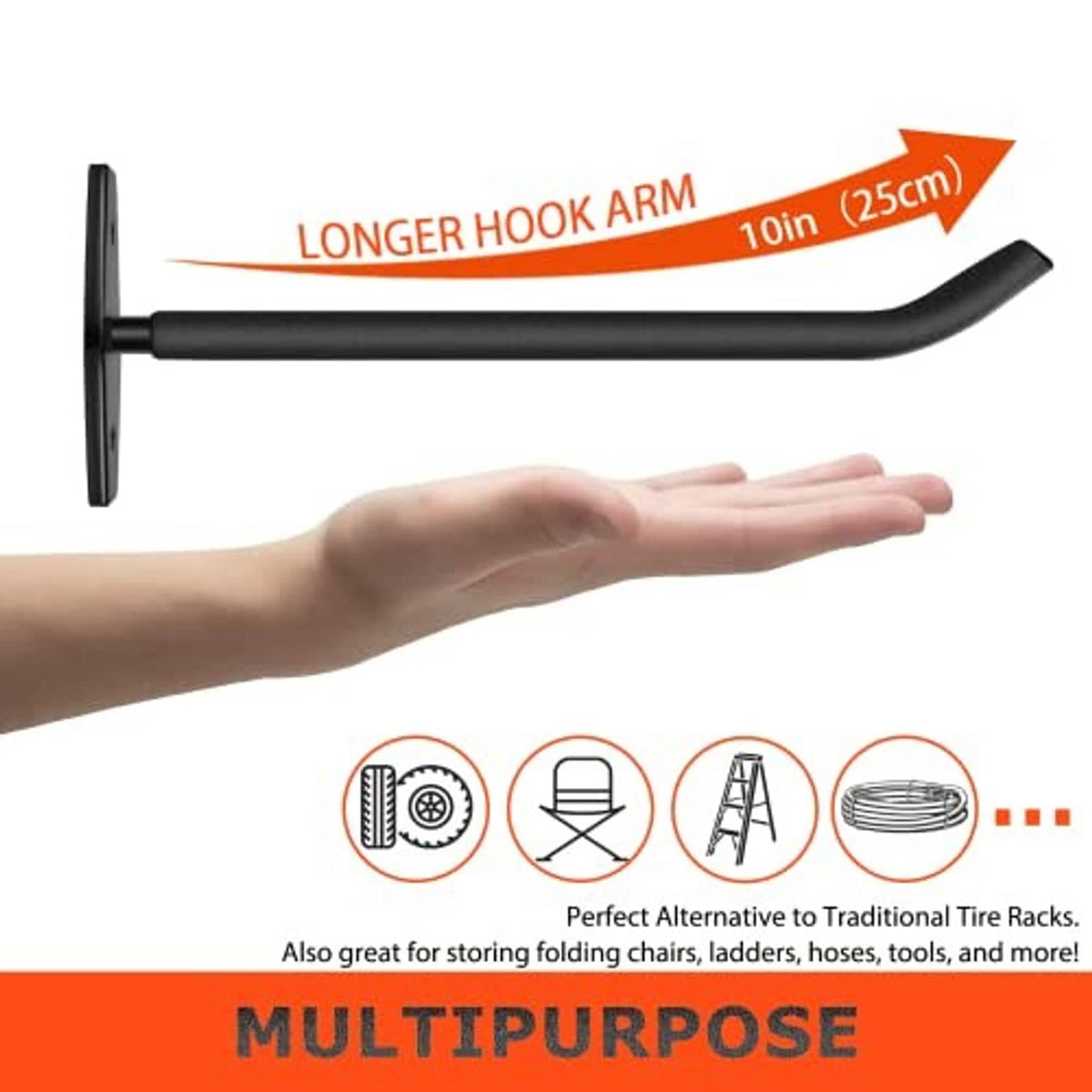 Black wall tire hook with long curved arm and flat mounting plate, shown with hand.