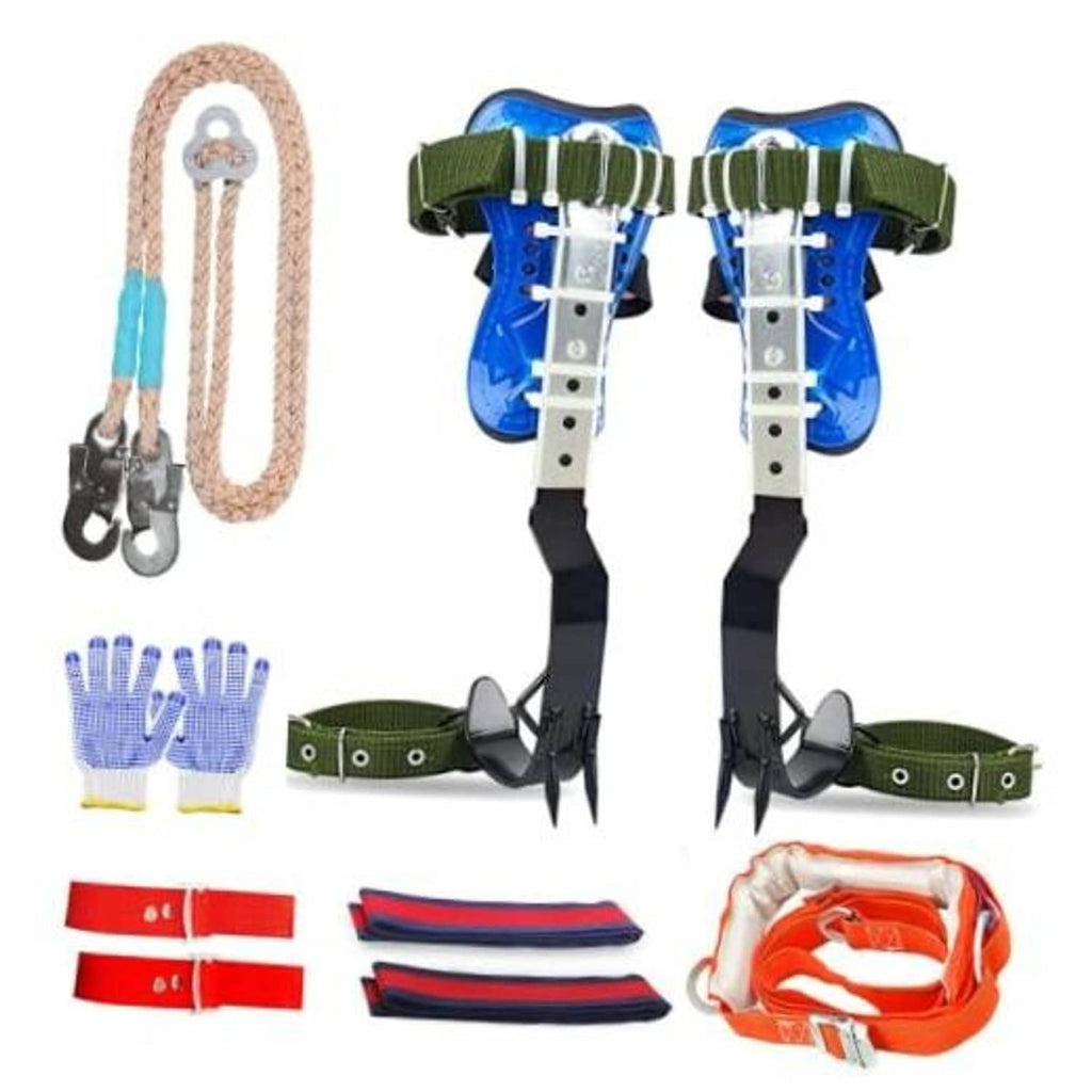 Adjustable tree climbing spikes set with blue pads, stainless steel bars, green straps